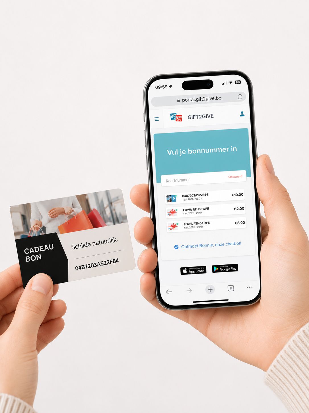 Een handelaar ontwaardt een Gift2Give-cadeaubon via de browser op een smartphone